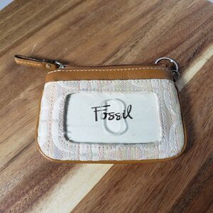 Fossil Taupe Leather Trim Zip Photo ID Wallet Pouch Coin Purse Zip Fossil Leathe